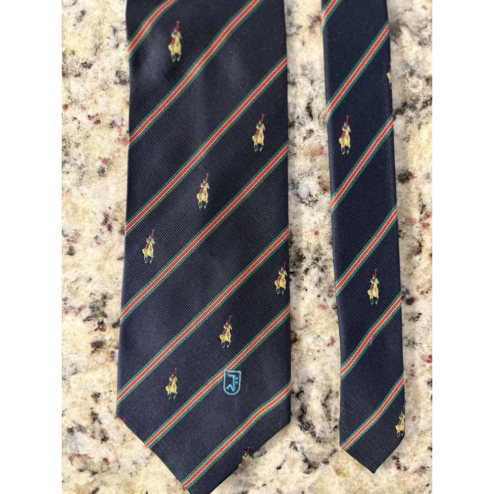 Vintage Saint Clair Paris Silk Tie Wide Navy Repp Stripe Polo Logo France